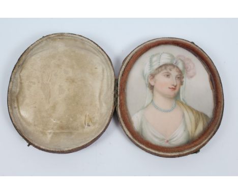 Late 18th / early 19th century English School miniature portrait on ivory of an elegant lady wearing a turban with feather an