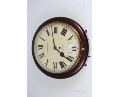 Early 20th century wall clock with eight day single fusee movement, white twelve inch enamel dial with Roman numerals signed 