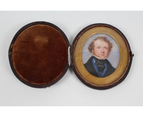 Mid-19th century English School portrait on ivory of a gentleman with ginger hair and mutton chops, wearing a black cravat an