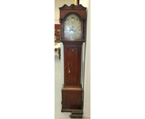 Late 18th century longcase clock with eight day movement, twelve inch white enamel break arch dial with painted floral decora