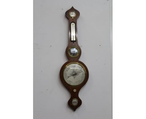 Victorian wheel barometer with eight inch silvered dial, bevelled glass, hygrometer, mirror, separate thermometer and spirit 