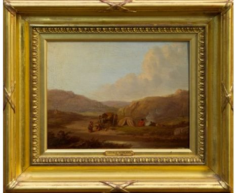 George Morland (1763 - 1804), oil on panel in gilt frame - hilly landscape with an encampment to the foreground, initialled a