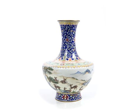 Good quality Canton enamel vase with finely polychrome painted deer in mountainous landscape and floral decoration - four cha