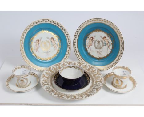 Collection of late 19th / early 20th century Sevrès-style porcelain, comprising a pair of plates with bleu celeste band with 