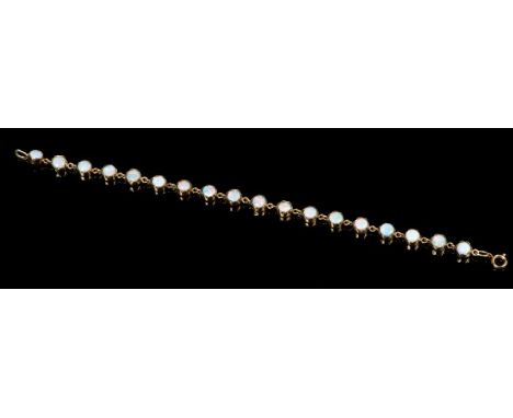 Gold (9ct) opal bracelet with eighteen circular opal cabochons in gold collet setting, 18cm length