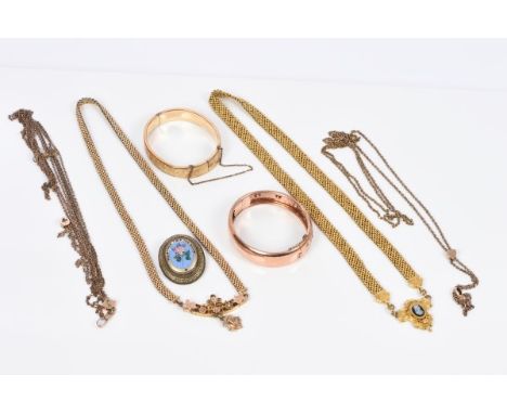 Victorian gilt metal necklace with oval cameo on a shield-shape plaque and mesh link chain, another similar necklace, Victori