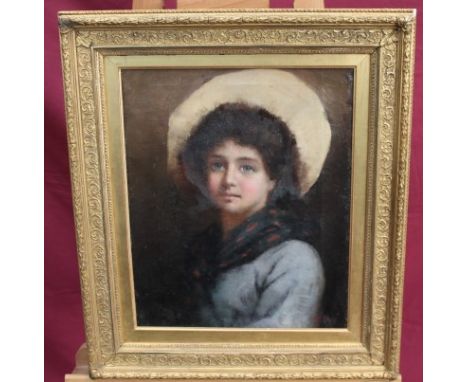 J. M. Colvin, oil on canvas in gilt frame - head and shoulders portrait of a pretty young lady wearing a wide-brimmed hat, si