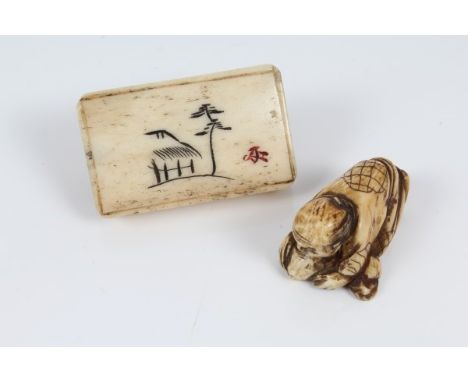 Late 19th century Japanese carved ivory netsuke of a kneeling man, 3.5cm and a bone netsuke of rectangular form, 4.5cm (2)