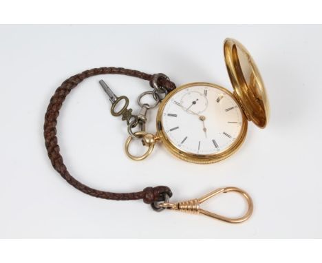 19th century French yellow metal full hunter pocket watch with key-wind movement, white enamel dial with Roman numerals and s