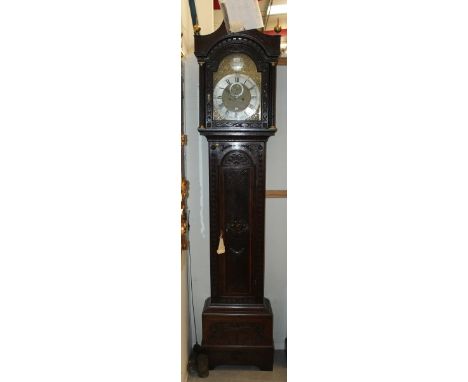 Late 18th century longcase clock with eight day five pillar movement, twelve inch break arch dial with cast and pierced spand