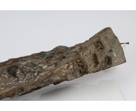 Unusual old carved wooden post depicting ghosts and 'Gallows Green', 135cm high