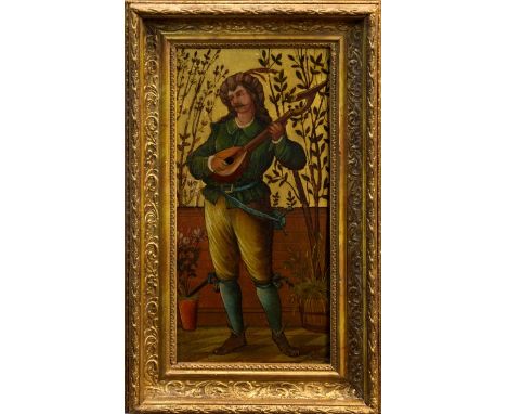 Arts and Crafts School, circa 1880, pair oils on panel in gilt frames - representation of Music and The Arts, heightened with