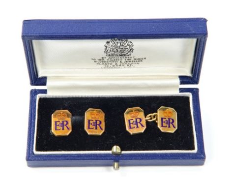 HM Queen Elizabeth II - fine pair Royal Presentation gold (9ct) and enamel cufflinks of octagonal form, with crowned ERII ena