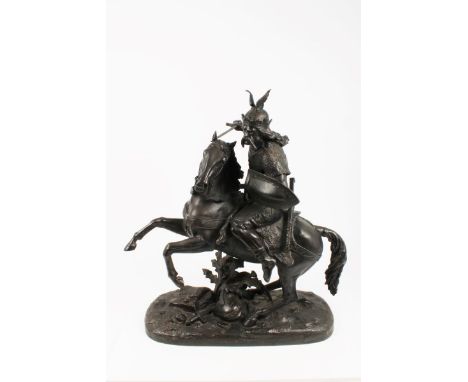 Large late 19th century spelter figure of a horseman on horseback, wearing a winged helmet, holding a sword and shield, raise