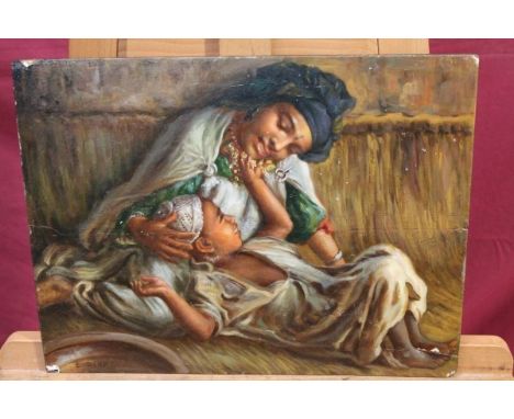 Manner of Etienne Dinet (1861 - 1929), oil on oak panel - mother and child reclining, bearing signature, 30cm x 39cm