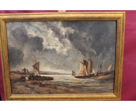 Manner of Eugène Isabey (1804 - 1886), oil on panel - fishing boats on the shoreline, in gilt frame, 45.5cm x 65.5cm