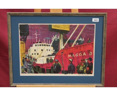 Paul Spencer Sharp (1921 - 1998), signed lithograph - The Trans Atlantic Expedition Ship Magga Dan in dock beyond Tower Bridg