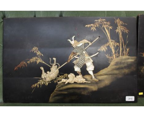 Pair of Japanese lacquer panels, applied with ivory, mother of pearl, bone figures of warriors hunting a tiger and birds, 60c