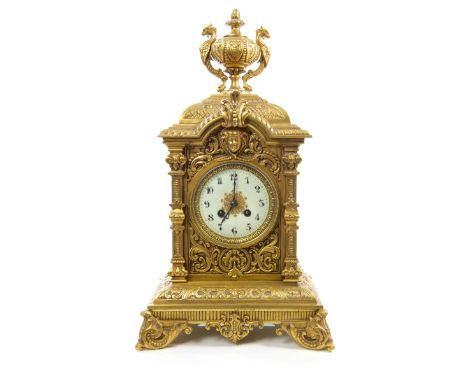 Victorian mantel clock with eight day movement with outside countwheel, striking on a bell, signed - Japy Frères, white ename