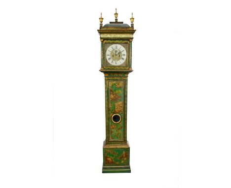 18th century longcase clock with eight day five pillar movements, twelve inch square dial with pierced classical head spandre