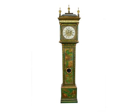 18th century longcase clock with eight day five pillar movements, twelve inch square dial with pierced classical head spandre