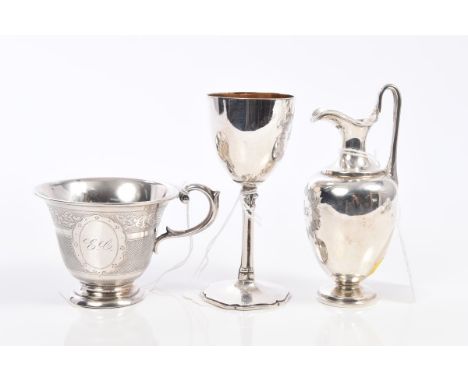 Victorian silver Communion set comprising small ewer and goblet with engraved I.H.S. Christogram (London 1888), Walter & John