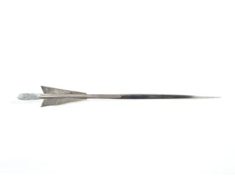 Unusual late Victorian silver letter opener or skewer in the form of an arrow, with engraved double armorial crest (London 18