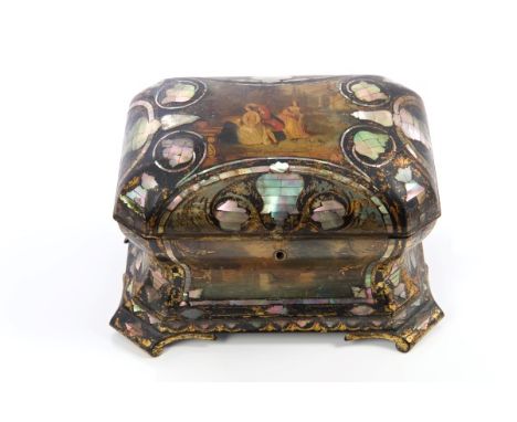 Good quality Victorian Jennens & Bettridge papier mâché tea caddy of bombe casket form, with finely painted romantic scenes a