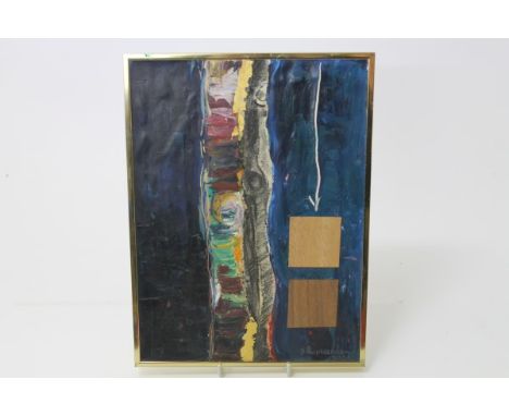 Contemporary oil and mixed media abstract panel, indistinctly signed and dated 2000, in frame, 30cm x 22cm, together with ano