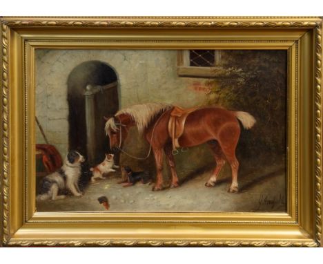 Edward Armfield (1817 - 1896), oil on canvas in gilt frame - three dogs and a pony by a stable door, signed, 50cm x 73cm COND