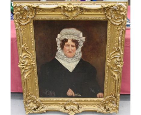 Victorian English School oil on canvas - portrait of a lady in white bonnet and black dress, in gilt scroll frame, 75cm x 62c