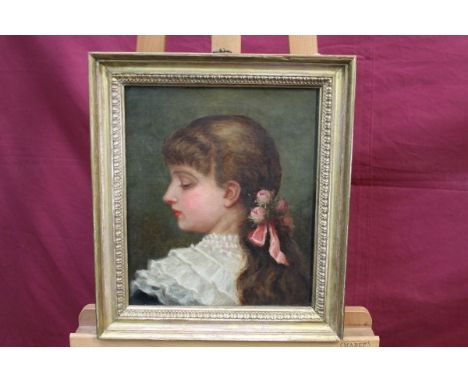 F. Gravier, Victorian English School oil on canvas - portrait of a young lady with flowers in her hair, in gilt frame, 34cm x