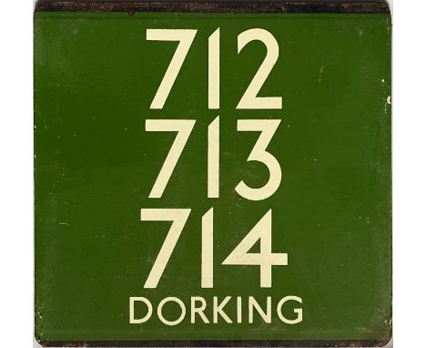 London Transport coach stop enamel E-PLATE for Green Line routes 712, 713, 714 destinated Dorking. A most unusual example fea