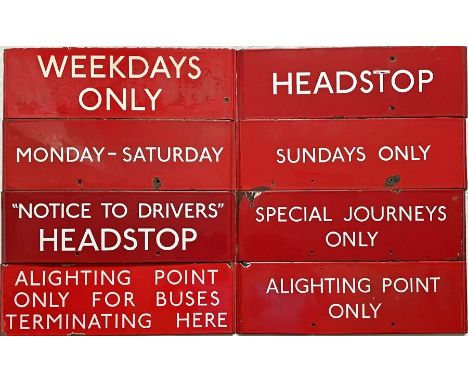 Quantity (8) of London Transport bus stop enamel Q-PLATES with a variety of information, all different (see image). E3-Size p