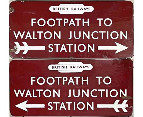 British Railways (London Midland Region) ENAMEL SIGN 'Footpath to Walton Junction Station' with totem logo and directional ar