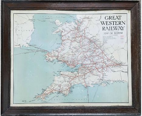 1920s Great Western Railway (GWR) screen-printed tin MAP OF SYSTEM in original wooden frame. Shows GWR network shortly after 