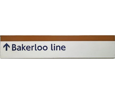 London Underground enamel STATION SIGN 'Bakerloo Line' with 'upward' directional arrow for location above a passageway. From 