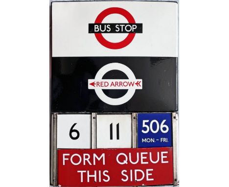 London Transport enamel BUS &amp; RED ARROW STOP FLAG with 3 E-PLATES and G-PLATE "Form Queue This Side". These flags were us