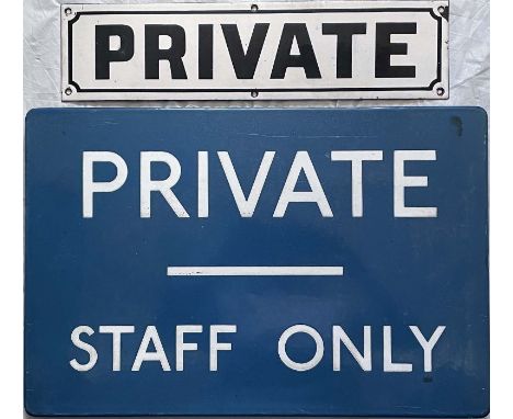 Pair of enamel London Underground SIGNS, the first is an Edwardian-era 'Private' sign from the early tube railways, measuring