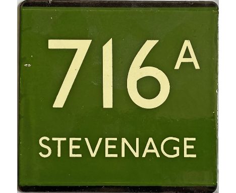 London Transport coach stop enamel E-PLATE for Green Line route 716A destinated Stevenage. Likely to have been located betwee