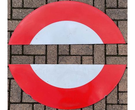 Pair of London Underground enamel 'HALF-MOONS' from platform bullseye or roundel signs. Each piece measures 38.75" x 14.5" (9