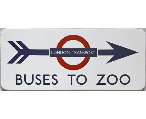 1950s-early 1960s London Transport enamel SIGN 'Buses to Zoo' with a 'London Transport' bullseye device pierced by a right-fa