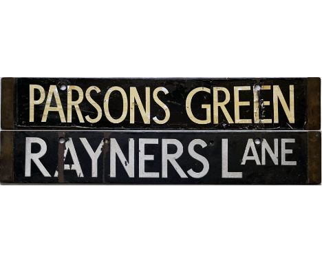 London Underground enamel DESTINATION PLATE for Parsons Green / Rayners Lane. Parsons Green is a District Line station, Rayne