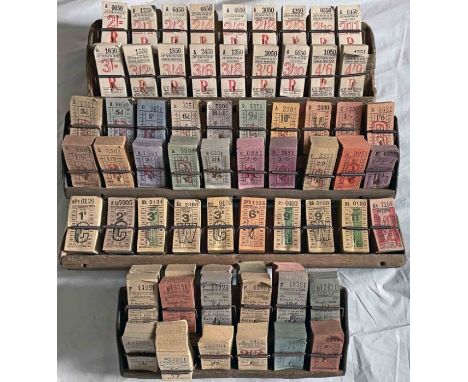 Selection (4) of bus conductors' wooden TICKET RACKS filled with unused packs of punch tickets and comprising double-sided ra