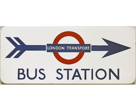 1950s-early 1960s London Transport enamel SIGN 'Bus Station' with a 'London Transport' bullseye device pierced by a right-fac