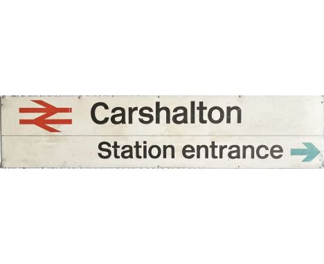 British Rail (Southern Region) STATION SIGN 'Carshalton - Station Entrance' with arrow and national rail logo. A 1970s, scree