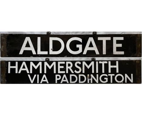 London Underground Q/CO/CP Stock enamel DESTINATION PLATE for Aldgate / Hammersmith via Paddington on the Hammersmith &amp; C