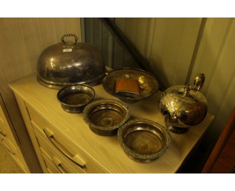 A silver plated meat dish cover; a teapot; a basket with swing handle; a pair of coasters; hip flask etc. 