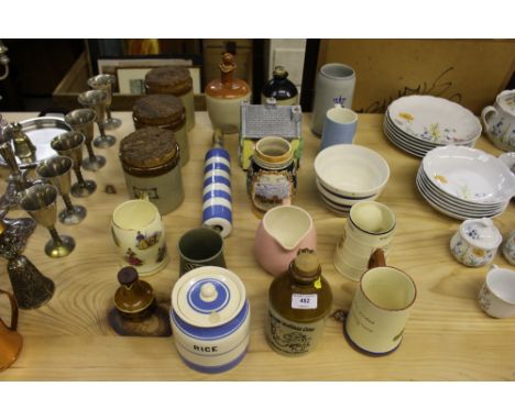 Three storage jars; a blue and white storage jar; similar rolling pin; and various other china china; tankards etc. 