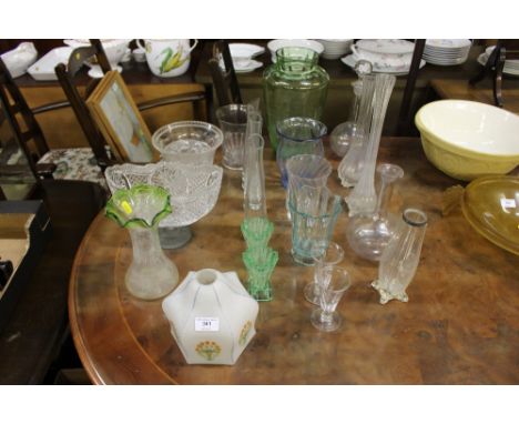 A collection of various glassware to include vases, decanters, light shade etc.